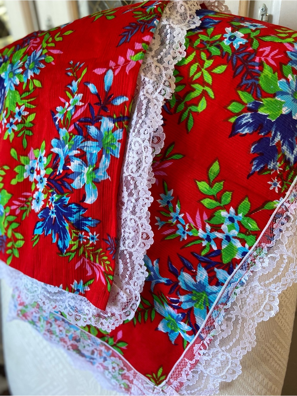 2 VTG Handmade Floral Lace-Trim Throw Cushion Cottagecore Eclectic Retro Vibes